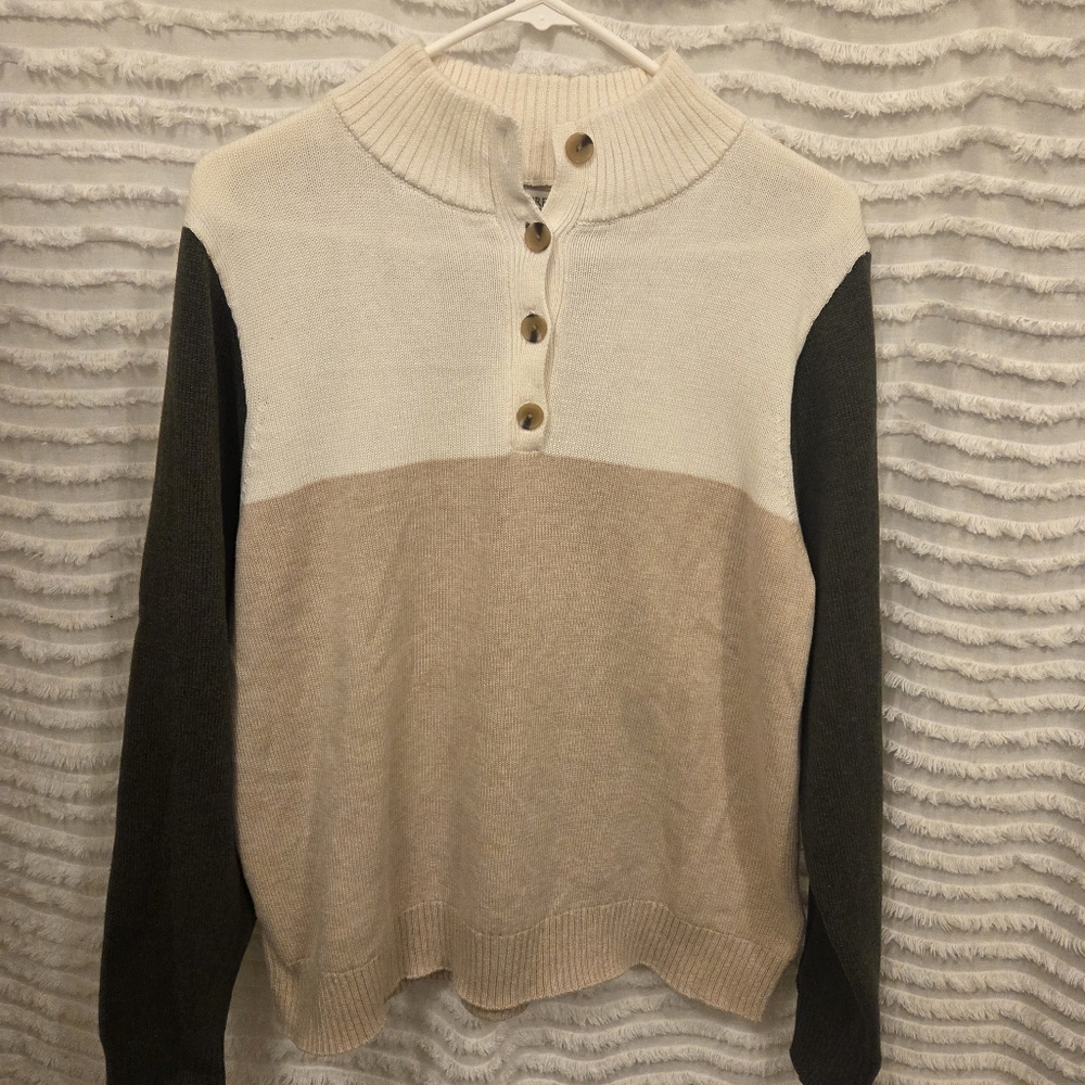J.Crew Color Block Mock Neck Sweater Men L Beige Green Cotton Knit Button